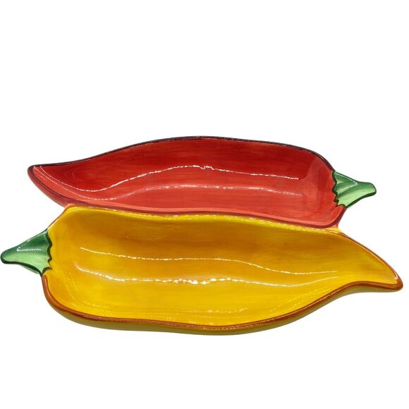 Chili Peppers Chip & Dip Divided Condiment Tray Clay Art Red Yellow Double - Picture 3 of 7